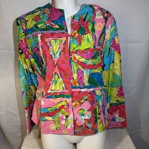 Sandy Starkman Patchwork Art Jacket 100% Rayon Embellished Floral Boho‎ Top